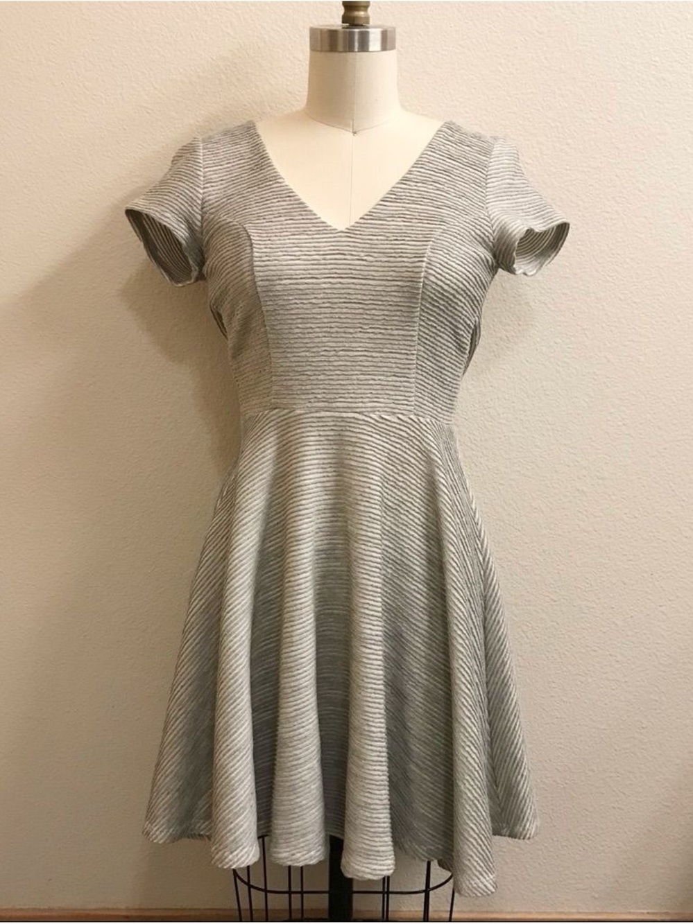 Francesca's Collections Light Gray Striped V-Neck Fit & Flare Dress